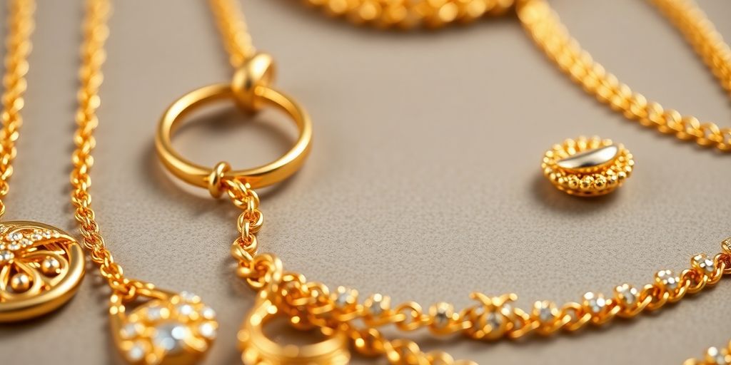 Bijoux en or scintillants sur un fond neutre.