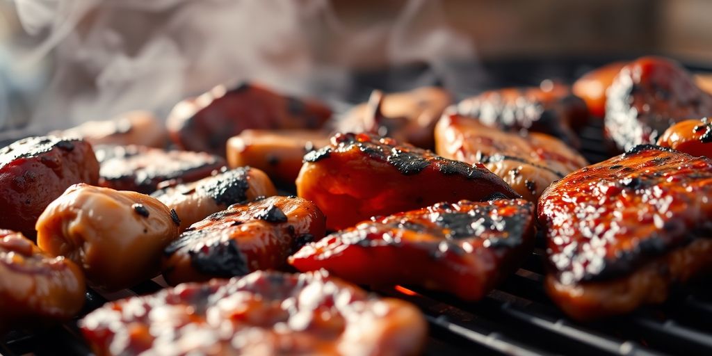 Grilled organ meats sizzling on a barbeque.