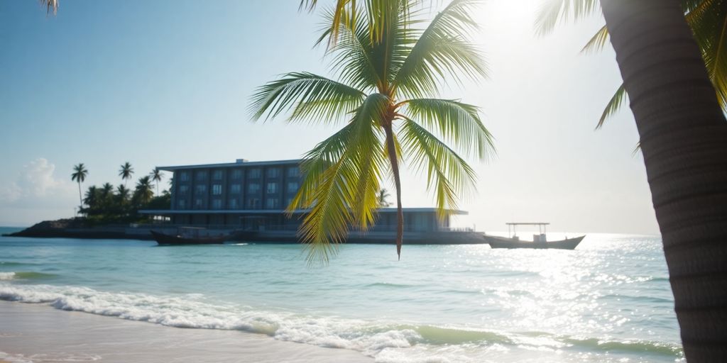 Tropical beach with clinic building in distance.