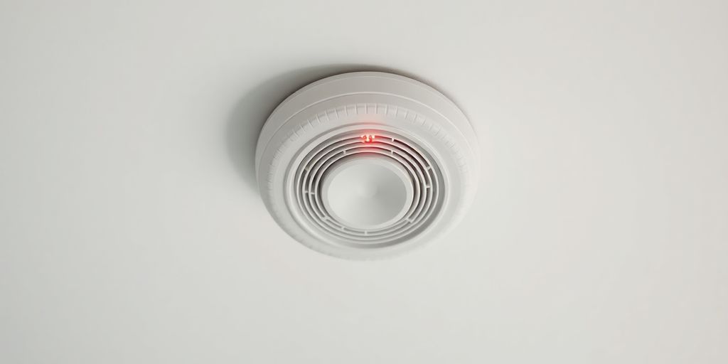 A modern smoke alarm on a white ceiling.
