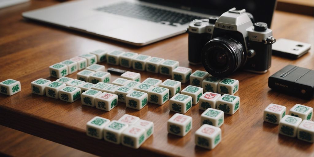 Mahjong tiles on a wooden table with a camera and laptop, representing online search for high-quality images.