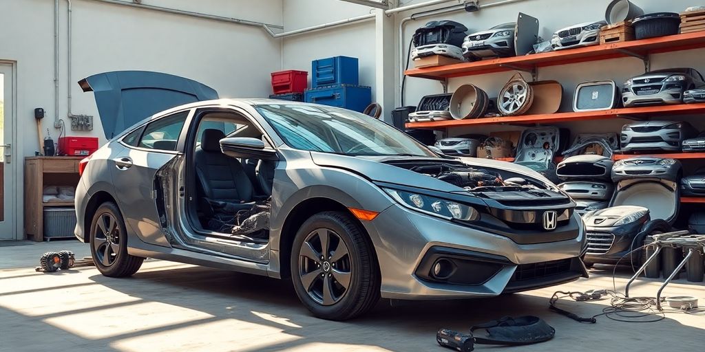 Honda Civic parts in a workshop