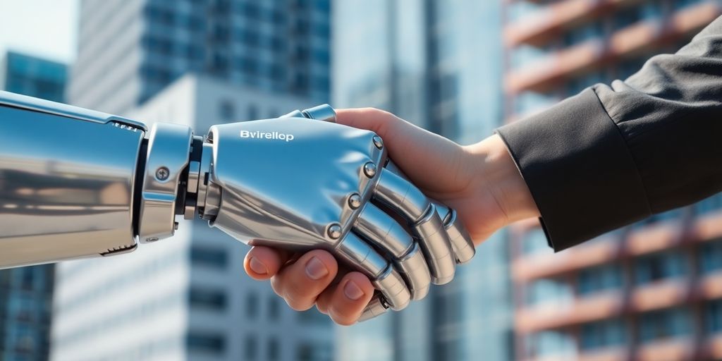 Robot i čovek se rukuju, nekretnine u pozadini.