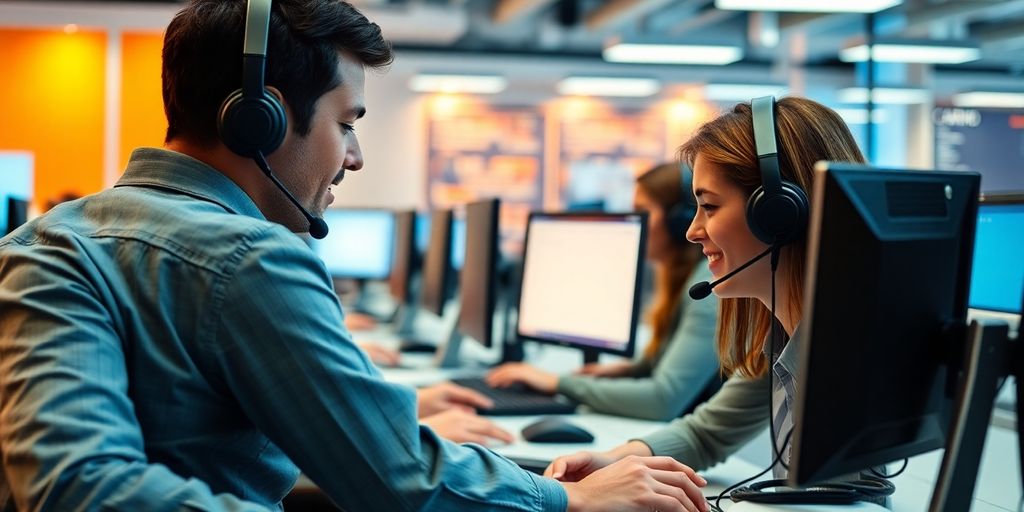 Call center agents collaborating in a modern office setting.