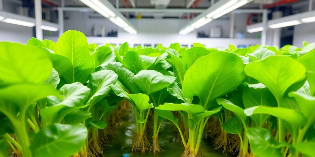 Healthy indoor hydroponic garden with lush green plants.
