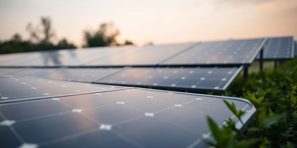 Solar panels in low light with greenery around them.