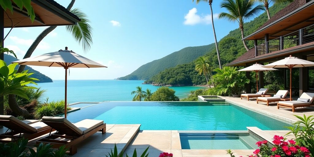 Tropical villa in Phuket with pool and gardens.