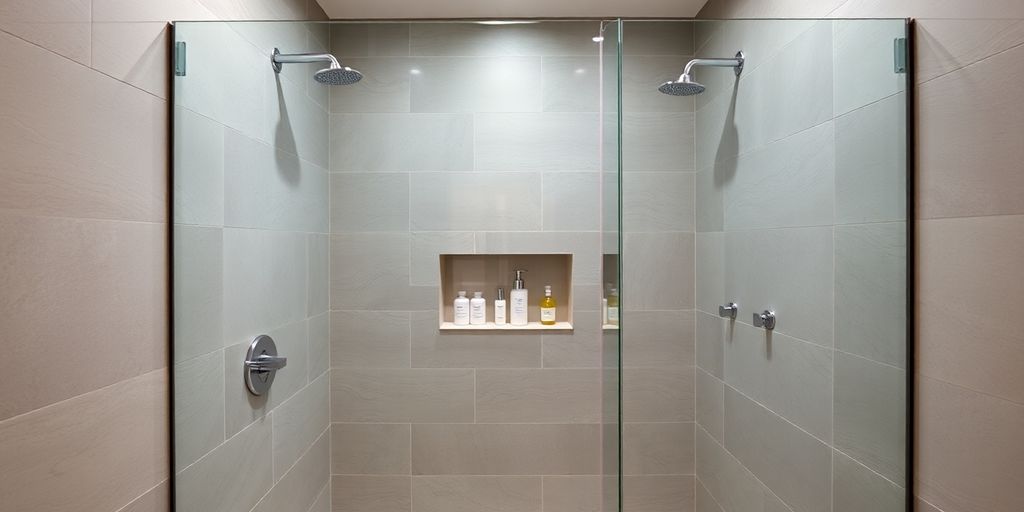 Modern shower, clean lines, elegant, luxurious, high-end