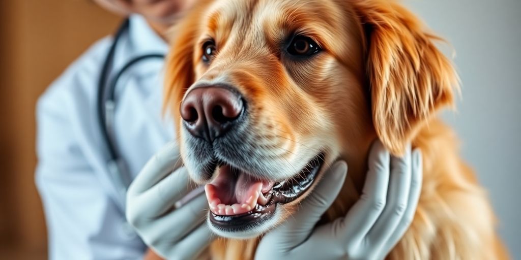 Veterinarian gently examines a happy dog.