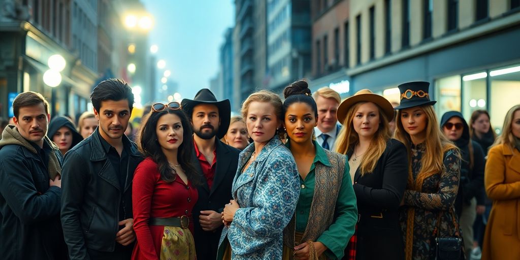 Diverse movie extras on a bustling film set.