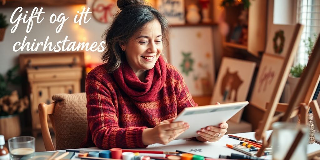 Mom enjoying her creative hobby with art supplies around her.