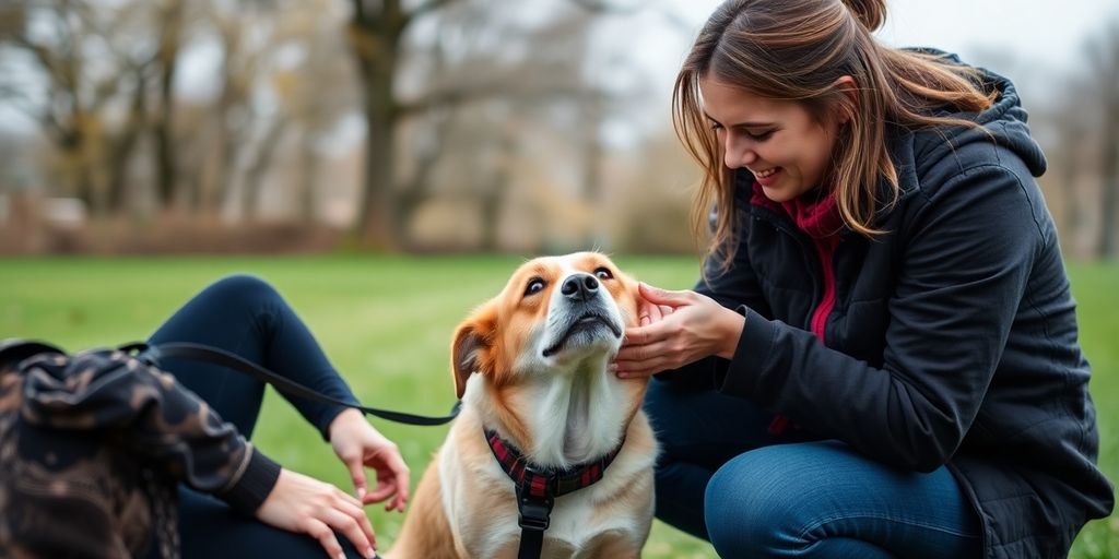 Trainer comforting a dog in a peaceful setting.