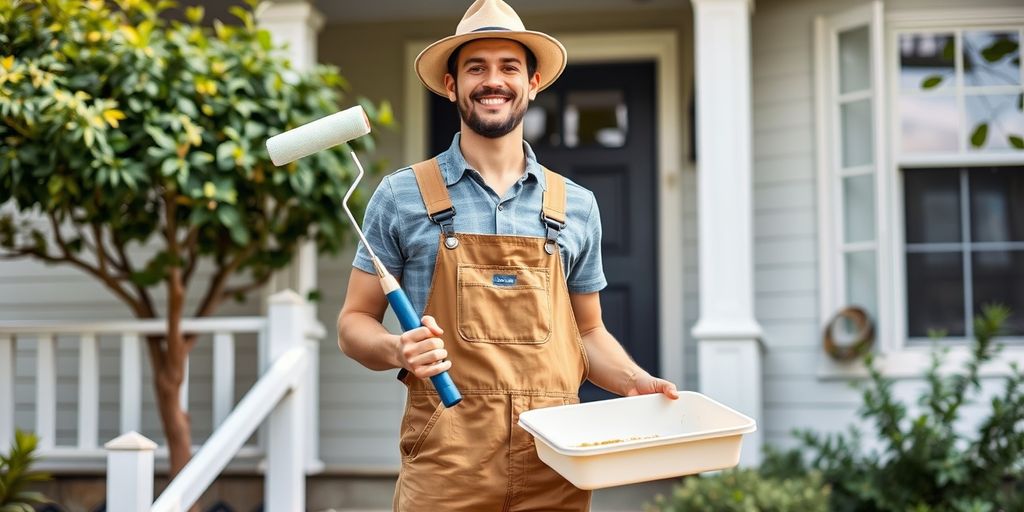 Person with paint roller in front of house