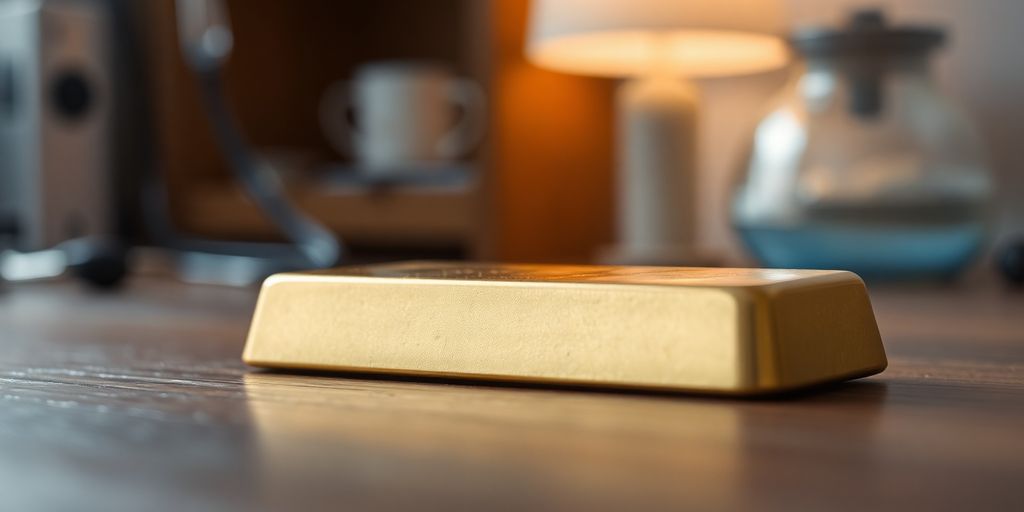 Une barre d'or sur une surface en bois.