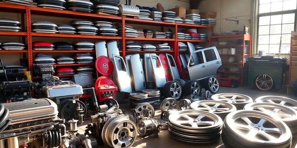 Mazda parts arranged neatly in a workshop.
