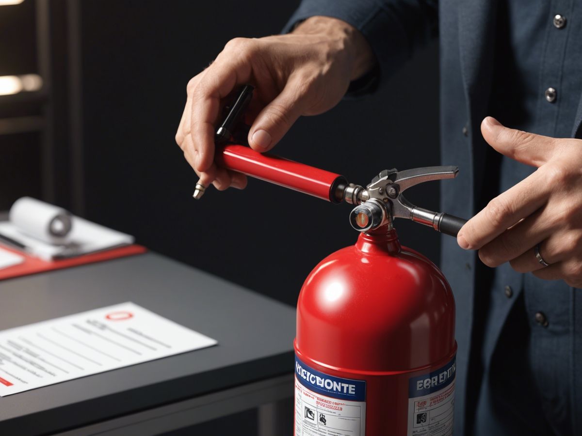 Person inspecting a fire extinguisher with a checklist and pen, emphasizing the importance of annual safety checks.