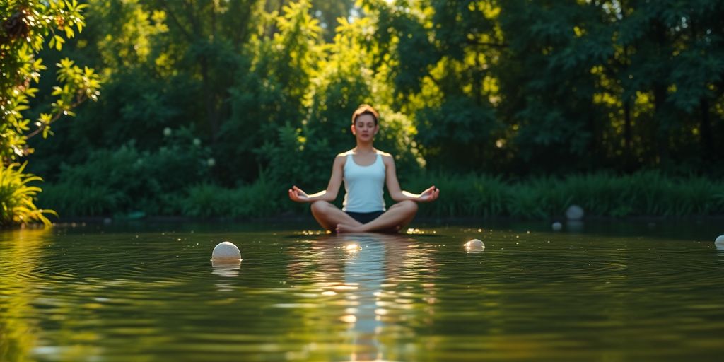 Person meditating peacefully in a sunlit natural setting.
