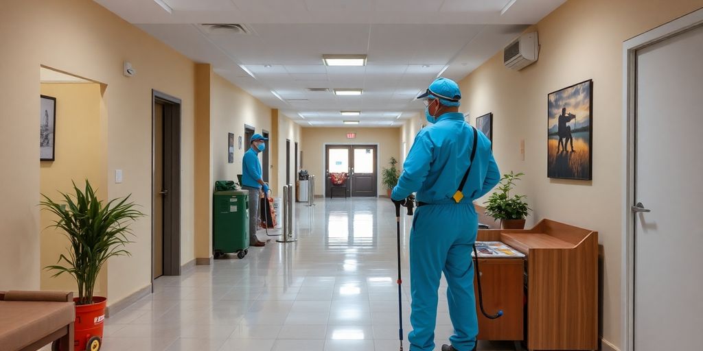 Spațiu comun pregătit pentru dezinsecție, echipament vizibil.