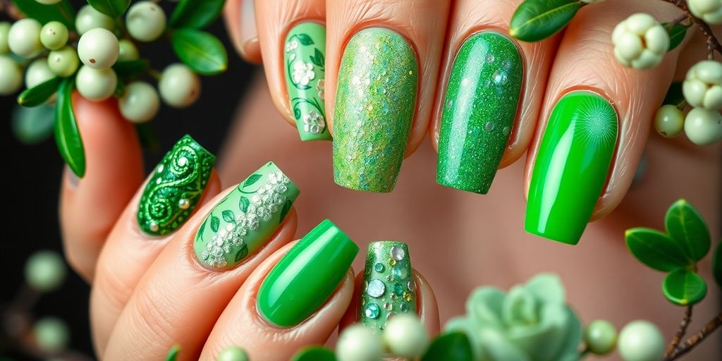 Unhas decoradas em verde com designs variados.