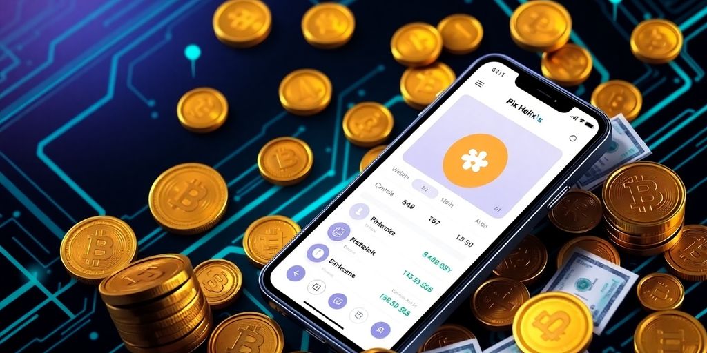App Pix Helix com dinheiro ao redor do celular.