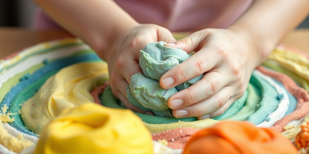 Hands molding vibrant therapy dough for stress relief.