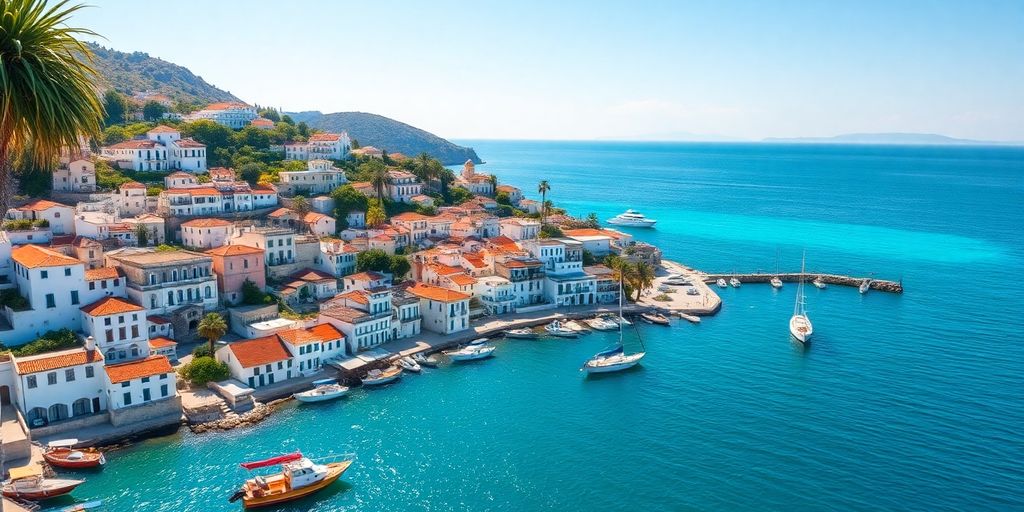 Coastal town with colorful buildings and blue water.
