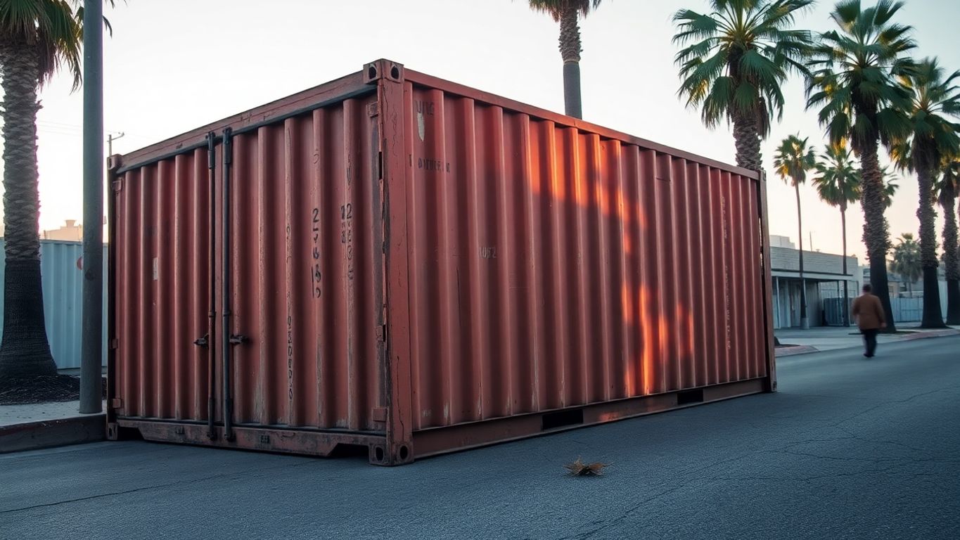 Empty shipping container on a sunny Los Angeles street.