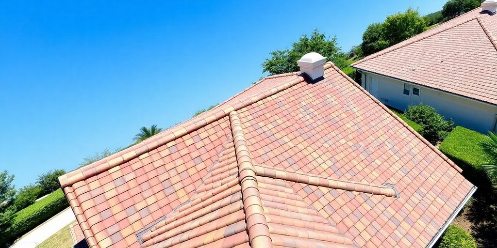 Freshly restored roof with vibrant shingles and clear skies.