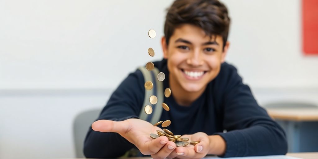 Student at desk receiving money.