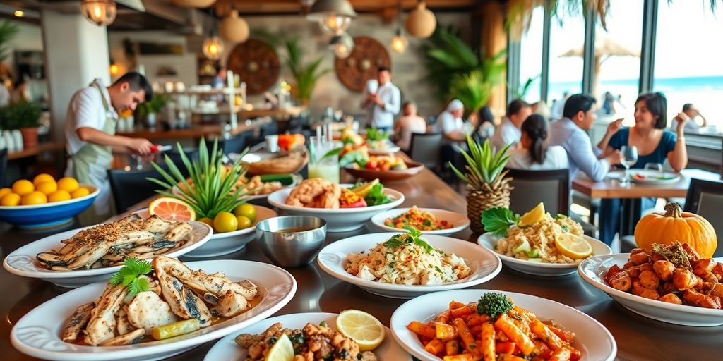 Colorful seafood and traditional dishes in a lively Cabo restaurant.