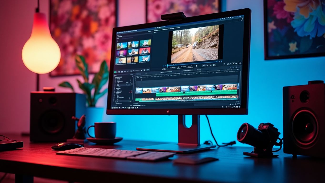 Computer setup with vibrant video editing tools and thumbnails.