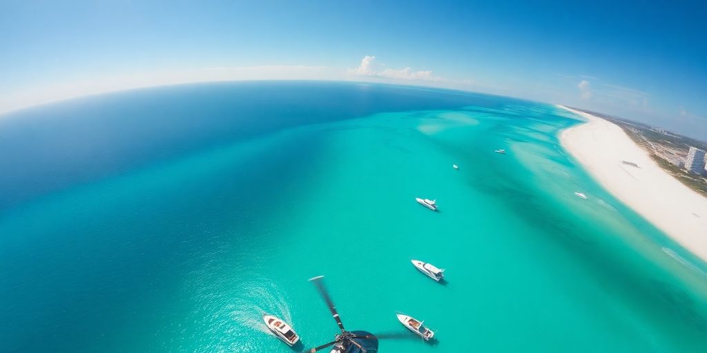 Helicopter soaring over Destin coastline and clear water.