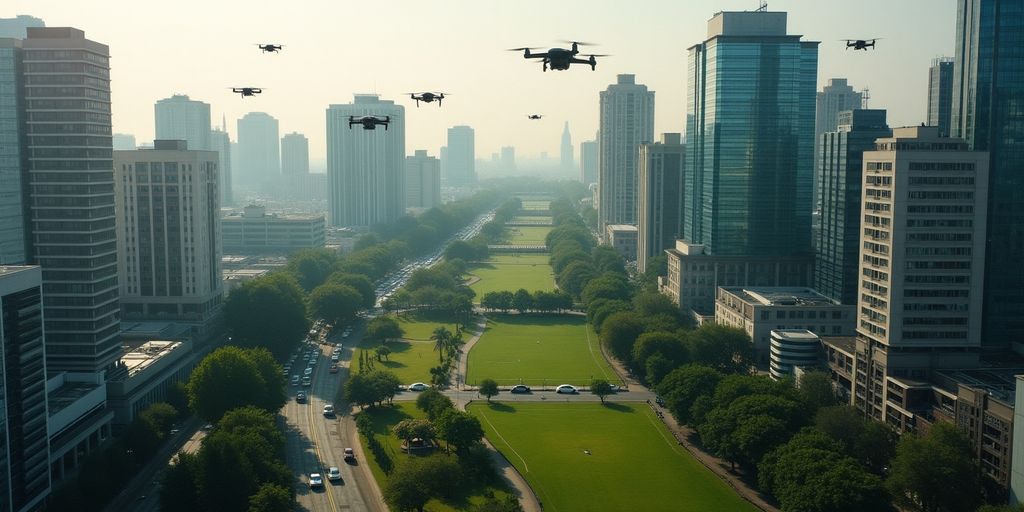 Vue aérienne de drones dans une ville animée.