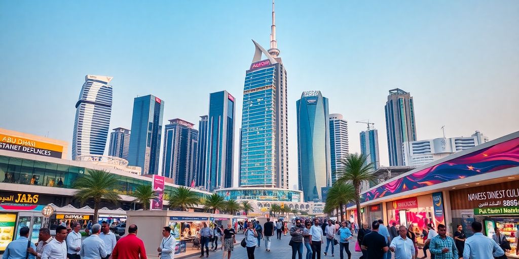 Abu Dhabi cityscape with modern buildings and bustling activity.