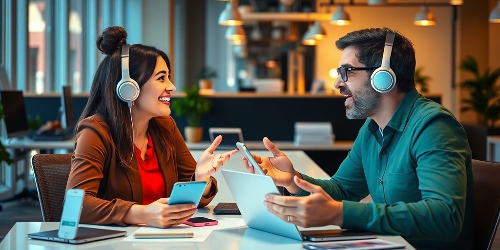 Two professionals engaging in conversation in a modern workspace.