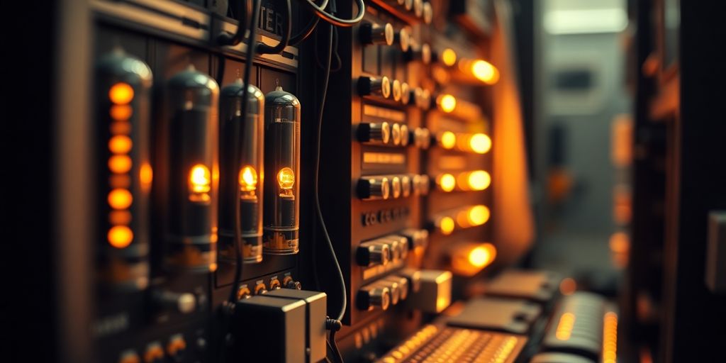 Early computers connected, glowing wires.