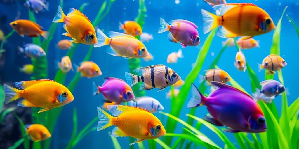 Makukulay na isda na lumalangoy sa isang masaganang kapaligiran ng aquarium.