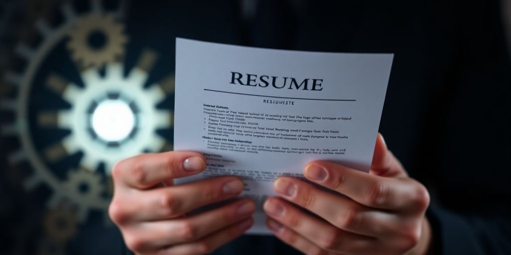 Person holding resume, gears turning, spotlight.