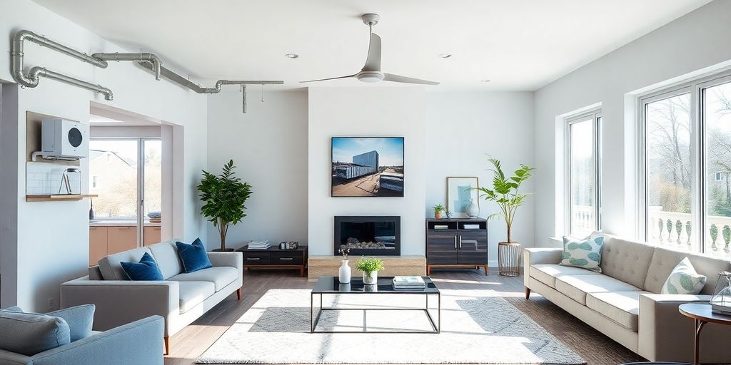 Modern living room with smart mechanical systems and decor.