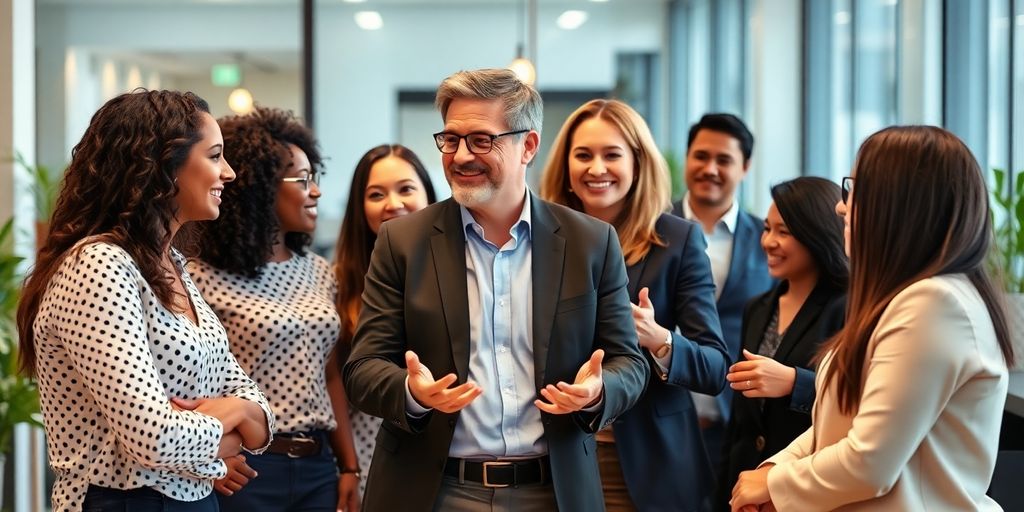 New manager leading a diverse team in an office.