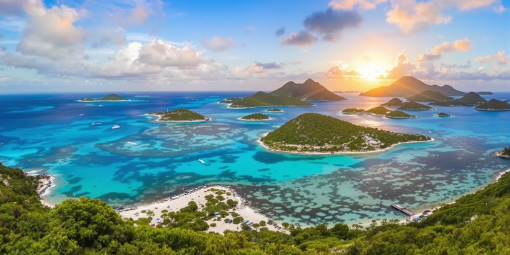 Sailing catamaran on turquoise waters near lush islands.