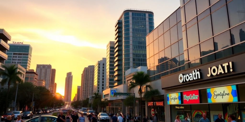 Tampa cityscape at sunset with bustling streets and buildings.