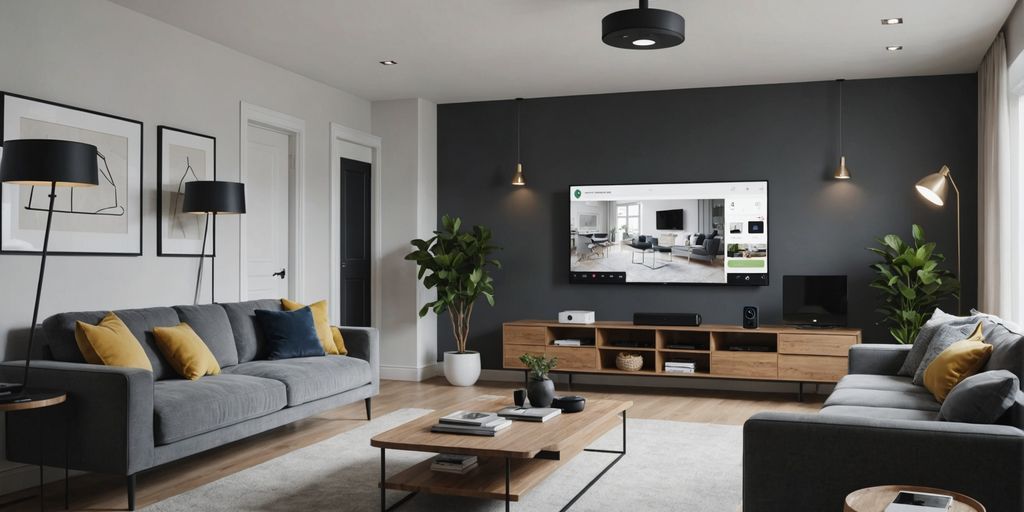Living room with CCTV, smart devices, and security app.