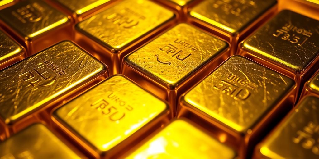 Lingots d'or brillants sous un éclairage dramatique.