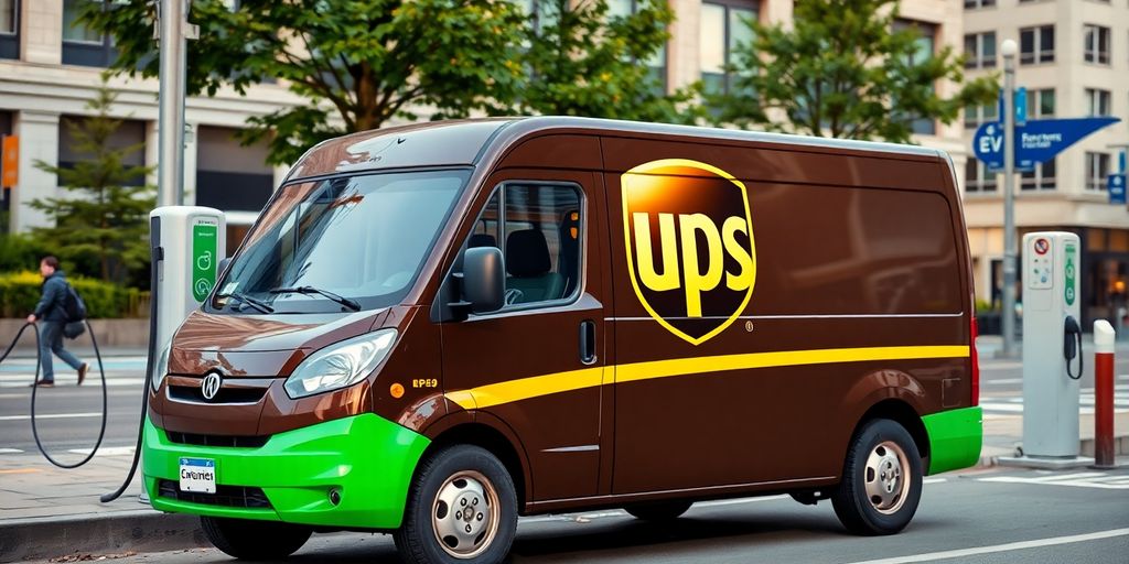 UPS electric vehicle charging at urban EV station.