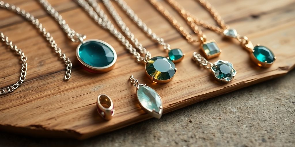Elegant sustainable jewelry on a wooden surface.