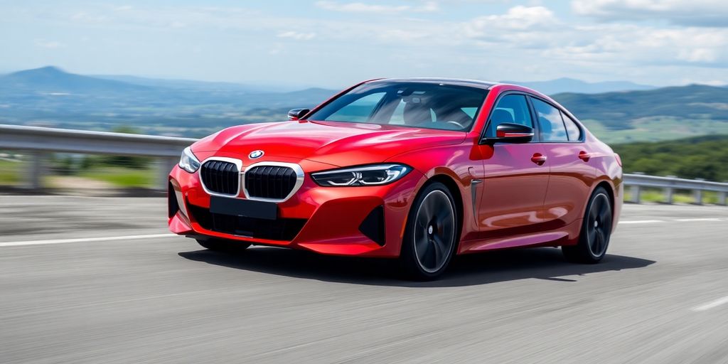 Sleek BMW i4 Gran Coupe driving on a sunny road.
