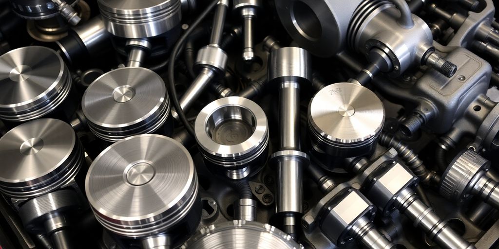 Chrysler engine parts arranged neatly.