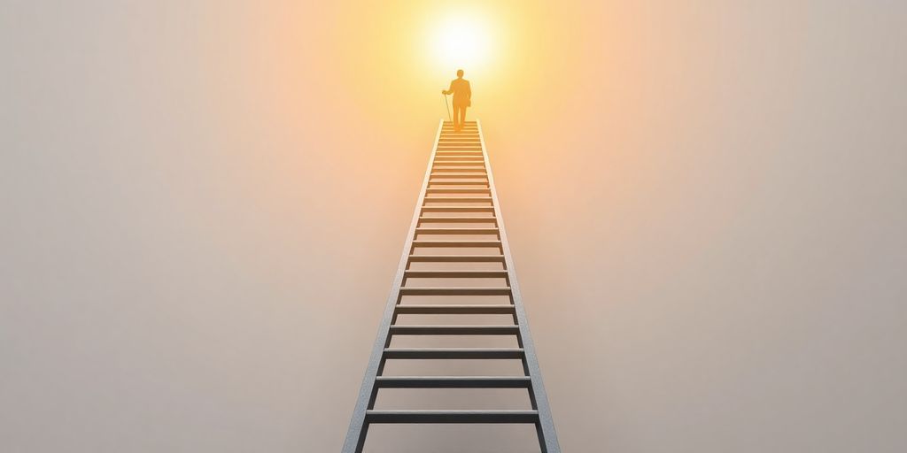 People climbing a ladder towards a bright future.