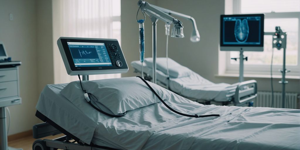 Hospital bed with medical equipment and estativas, illustrating key features to consider before renting.